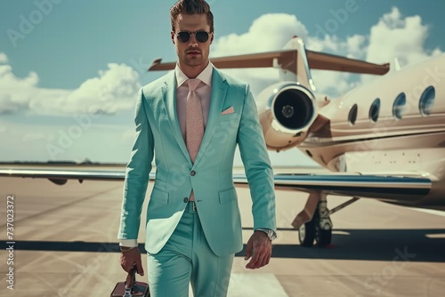 Well dressed man with sunglasses carrying a briefcase walks on the tarmac away from a luxurious private jet.