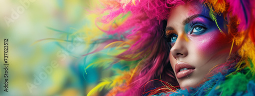 Captivating image portraying a close up woman's face. Mesmerizing fusion of colorful paint splashes. Captivating gaze Harmony of the composition, emotionally resonant artwork.