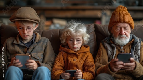 Addiction by gadget dependency with a photo of family members sitting together but absorbed in their own devices, symbolizing the breakdown of face-to-face communication.