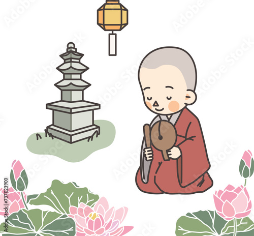 Illustration of a Buddhist monk hitting a wooden fish