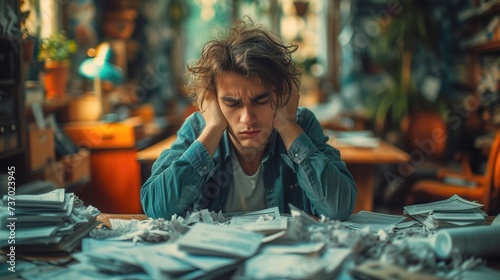the stress and anxiety associated with tax season with a photo of a man sitting at a cluttered desk surrounded by crumpled papers and a furrowed brow, conveying the pressure of meeting tax deadlines photo