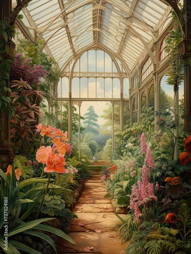 Enchanting Victorian Greenhouse Botanical Pathway Painting: Strolling Through a Dreamy Victorian Garden