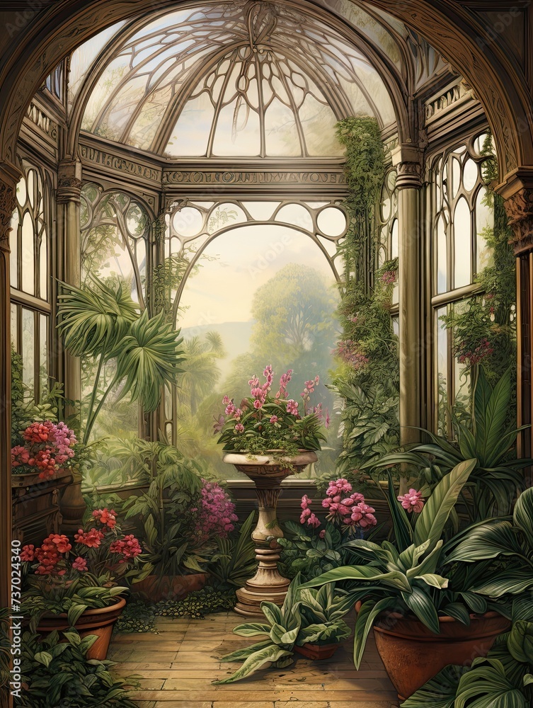 Victorian Greenhouse Botanicals Plateau Art Print: Elevated View of Tranquil Greenhouse