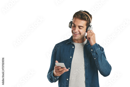 Headphones, music and happy man with phone for streaming audio on isolated, transparent or png background. Smartphone, search and male person listening to radio, podcast or internet playlist choice photo