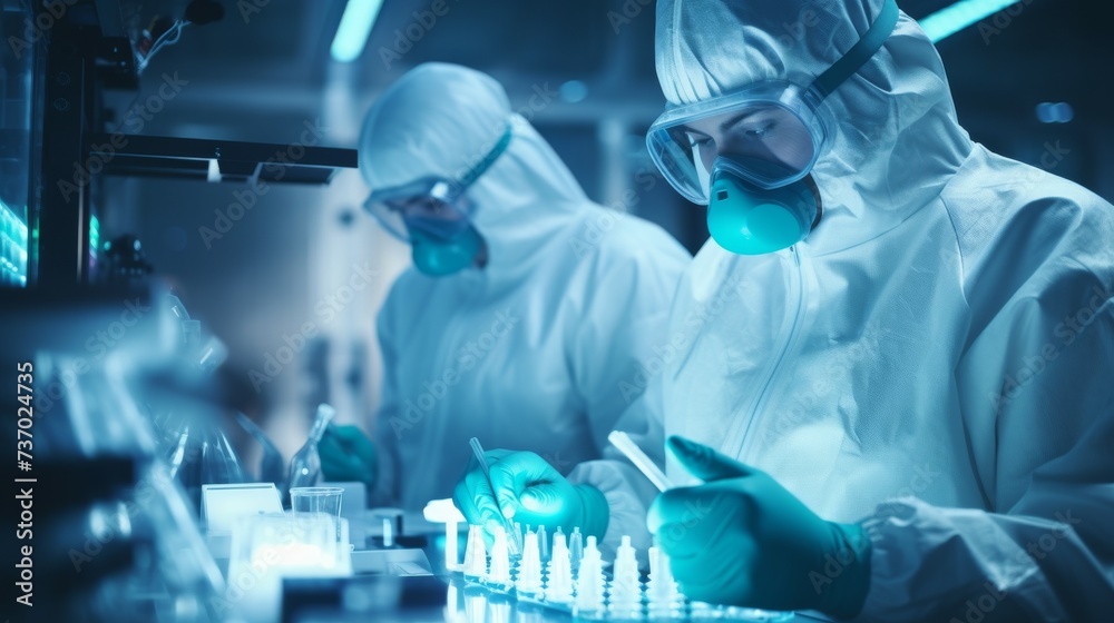 Scientists in protective clothing work with bio and chemical samples in test tubes in a modern laboratory Scientists in protective clothing work with bio and chemical samples in test tubes in a modern laboratory