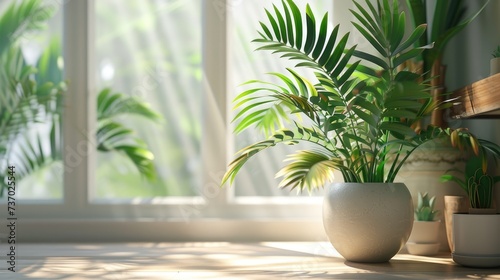 Place the green planter indoors near a window to catch natural light  which will add realism and showcase the plant s natural colors and textures.