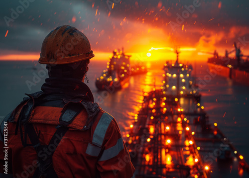 Man is oil tanker in the middle of the sea watching the sunset