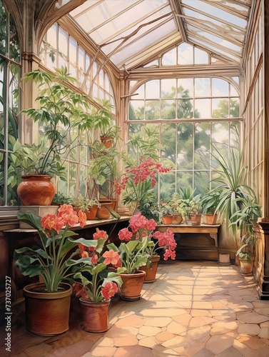 Victorian Greenhouse Botanicals: Vintage Painting of a Classic Garden Interior