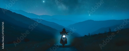 Nocturnal adventure Motorcycle roars through mountainous terrain under a starry sky. Concept Nocturnal Motorcycle Ride, Mountainous Terrain, Starry Sky, Adventure, Roaring Through