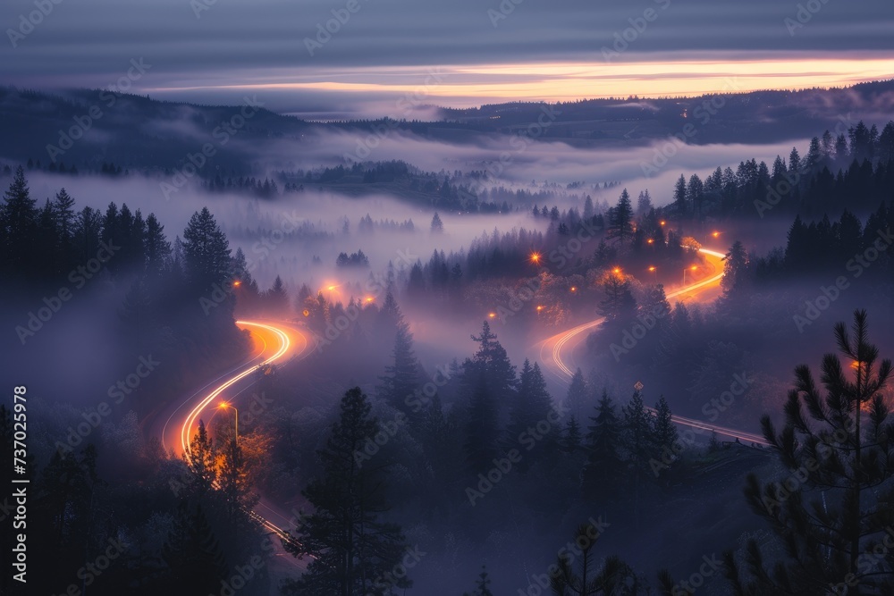 Car headlights and traffic lights on a winding road through pine trees, in a foggy valley at sunset, captured by long exposure photography