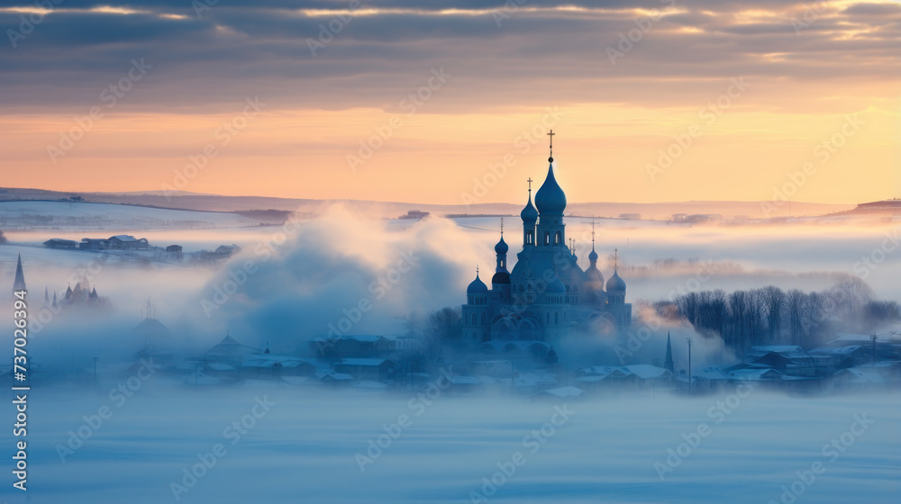 Fototapeta premium misty mosque on the morning tranquil time