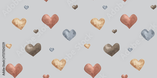 Stylish pattern with watercolor love hearts. Brown and beige, grey seamless background, Digital paper boho textile hand drawn . Valentine day. Nursery wallpaper, fabric, textile.