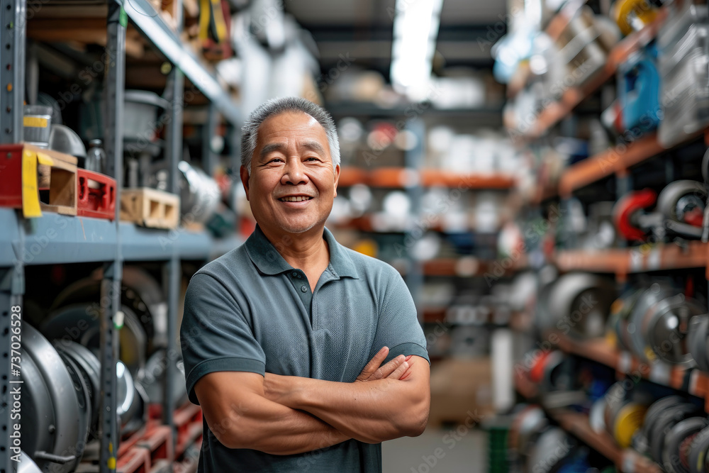 Smiling middle-aged Asian man standing in hardware warehouse with folded arms surrounded by equipment racks Smiling middle-aged Asian man standing in hardware warehouse with folded arms surrounded by equipment racks