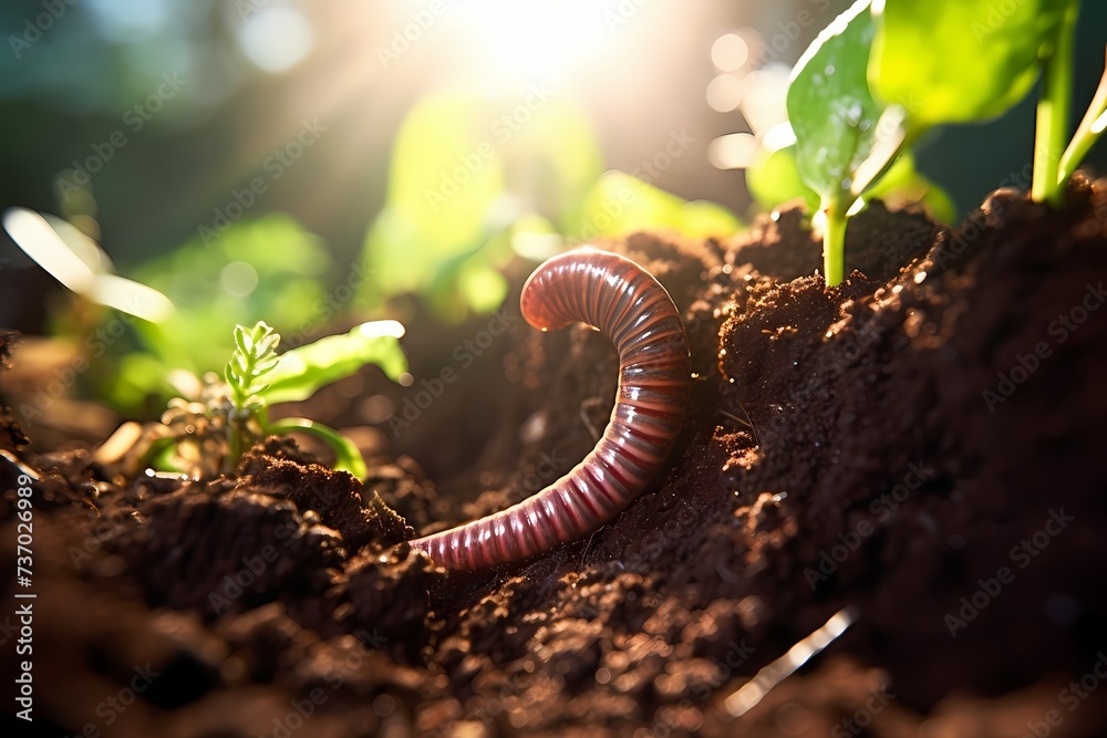 A close-up of a solitary earthworm, burrowing through the rich soil, with the morning sunlight highlighting the subtle iridescence of its skin. - obrazy, fototapety, plakaty 