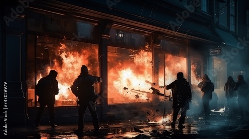 Pogroms and riots in night city. Browse smash shop windows with firebombs photo