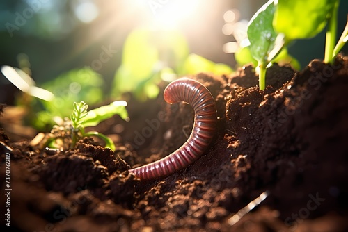 A close-up of a solitary earthworm, burrowing through the rich soil, with the morning sunlight highlighting the subtle iridescence of its skin.