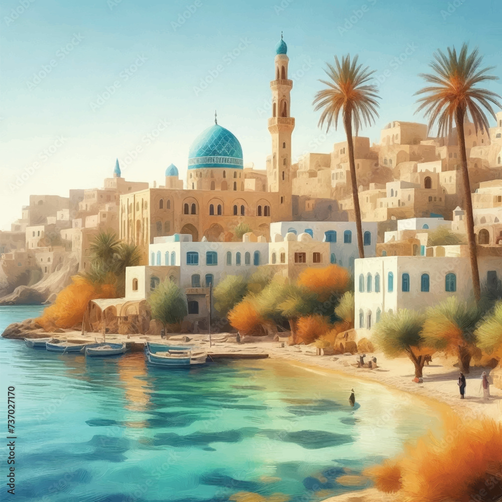Naklejka premium Mediterranean village Coastline in watercolor