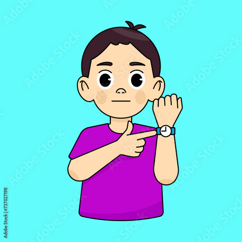 A boy shows a wristwatch with a dissatisfied and serious expression on his face