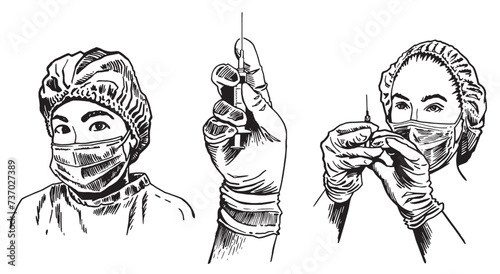 Portrait of nurse in mask and a hand holding syringe, health care elements. Covid-19 pandemic. Vector illustration