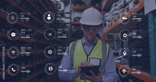 Image of icons with data processing over caucasian male worker using tablet in warehouse