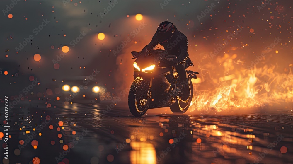 motorcyclist among a burning motorcycle, the moment is dynamic, emphasizing the pose and facial expression of the motorcyclist to convey the intensity and emotion of the scene