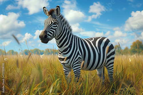 a zebra stands tall amidst the lush grass of the savanna. zebra standing in grass field © Rangga Bimantara
