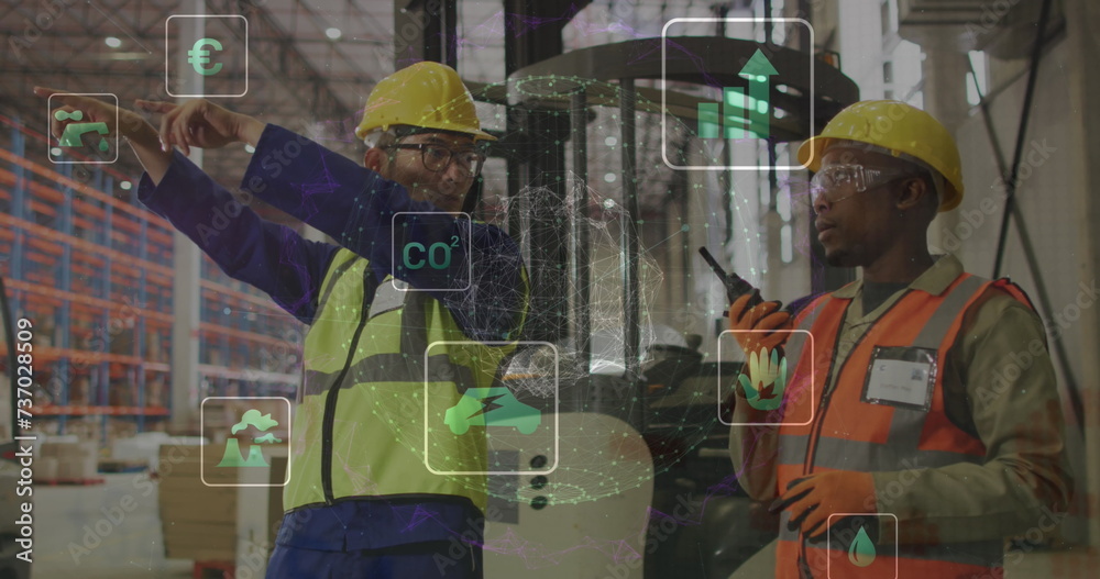 Image of eco icons and data processing over diverse people working in ...