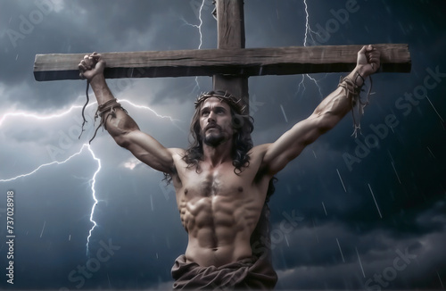 CHRIST WITH HIS CROWN OF THORNS ON THE CROSS. HORIZONTAL. COLOR.