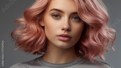 Beautiful young woman with wavy pastel pink colored hair