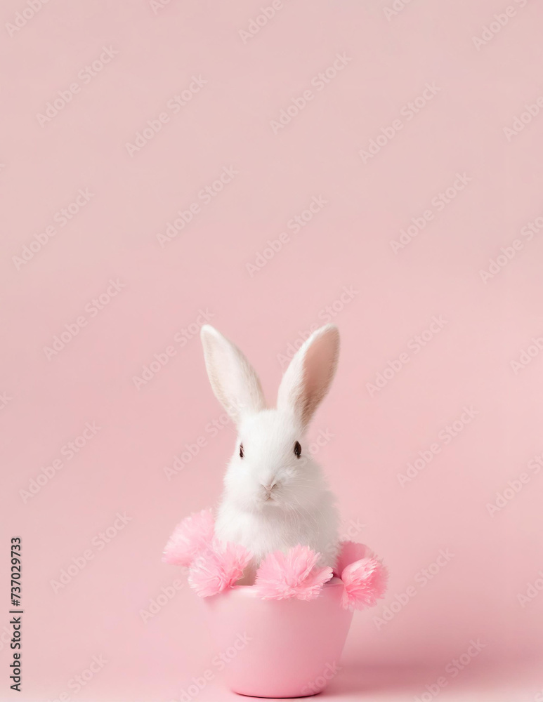 Bunny in a Basket Portrait Against Pink Wall, Neutral, Minimalist, Simple, Easter