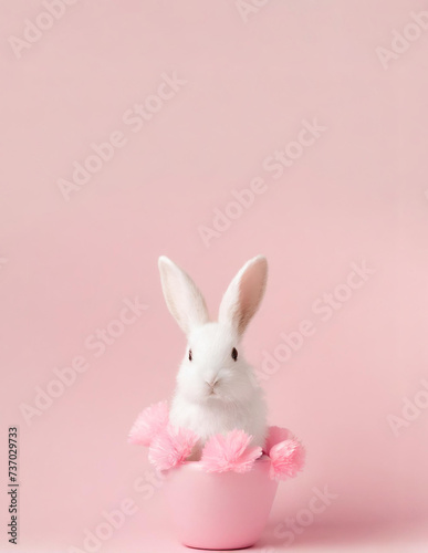Bunny in a Basket Portrait Against Pink Wall, Neutral, Minimalist, Simple, Easter