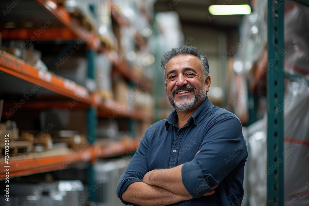 Smiling middle-aged Middle Eastern man in a hardware warehouse with arms folded, standing next to a shelf containing hardware supplies Smiling middle-aged Middle Eastern man in a hardware warehouse with arms folded, standing next to a shelf containing hardware supplies