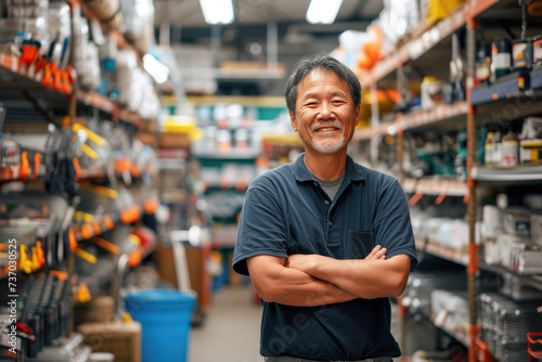 Smiling middle-aged Asian man standing in hardware warehouse with folded arms surrounded by equipment racks