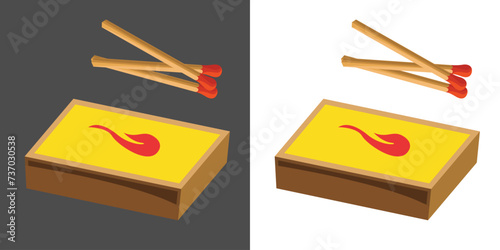 Matchbox and pair of wooden matches. Household flammable tool for lighting fire in cardboard box. Vector illustration.