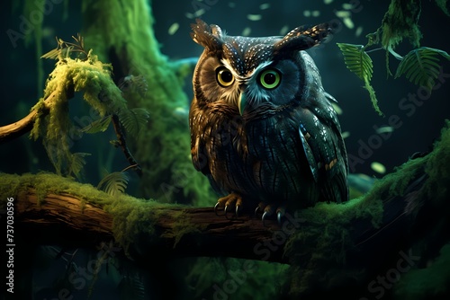 The mesmerizing eyes of a vigilant owl, capturing the intensity of its gaze as it perches on a moss-covered branch in a moonlit forest.