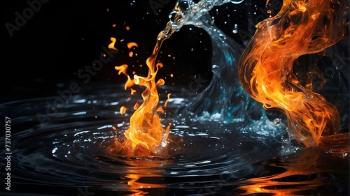 Water and Fire Clash on Black Background, Dynamic Representation of Water and Fire on Black, Visual Exploration of Water and Fire Energies on Dark Canvas, Water and Fire Engage in Striking Contrast 