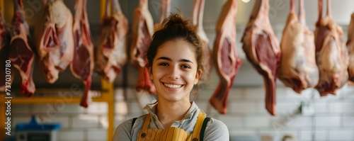 Smiling butcher woman stands next to hanging carcasses in cold room. Concept Culinary Artistry, Butcher's Pride, Gourmet Experience, Savory Creations