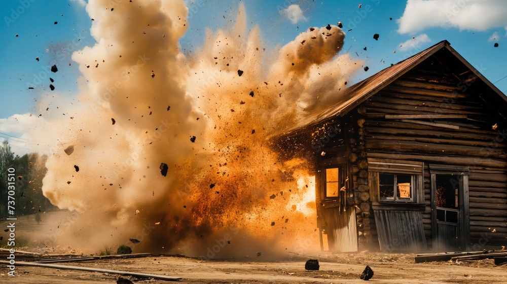 Explosion of a wooden building
