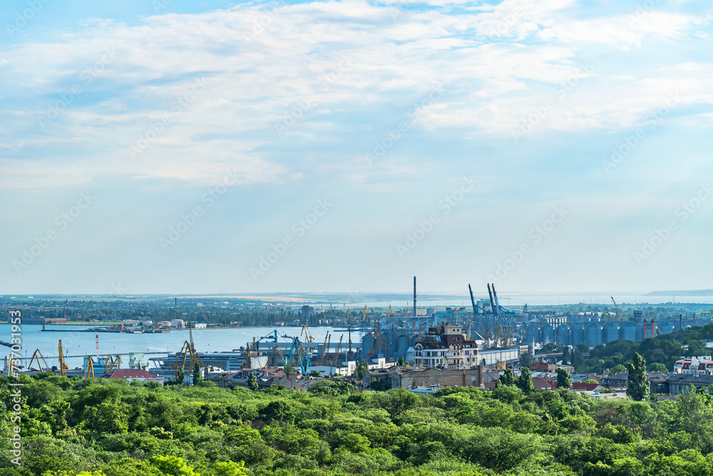Panorama of the city of Vladivostok view from the observation deck of the bell tower of the Spaso-Preobrazhensky Cathedral.