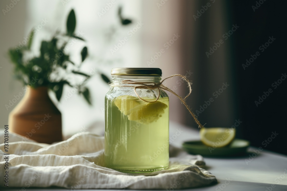 Homemade fermented drink in the glass jar, healthy organic probiotic beverage Homemade fermented drink in the glass jar, healthy organic probiotic beverage