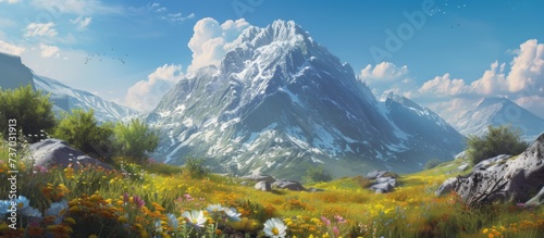 a mountain covered in snow is surrounded by a field of grass and rocks . High quality