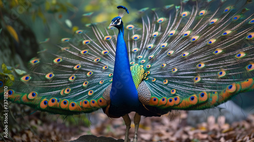 Peacock with fanned tail. The Indian or blue peafowl dance display. Male peacock dancing gracefully and colorful. photo