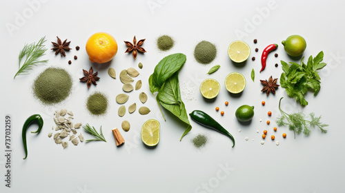 Various herbs, spices and vegetables on white background, top view