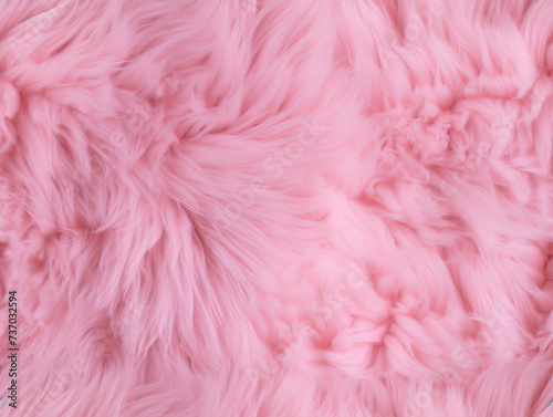 Close up of sensual pink thick animal fur background, fluffy and wooly sheepskin interior decor theme soft texture feminine beauty glamour fashion concept also detailed fibers wallpaper backdrop © Mary Salen
