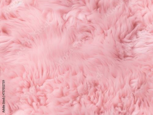 Close up of sensual pink thick animal fur background, fluffy and wooly sheepskin interior decor soft texture feminine beauty glamour fashion concept detailed fibers wallpaper backdrop © Mary Salen