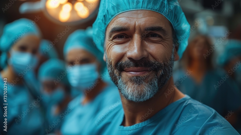 Focused Surgeon in a Blue Scrub Cap in the Operating Room Focused Surgeon in a Blue Scrub Cap in the Operating Room