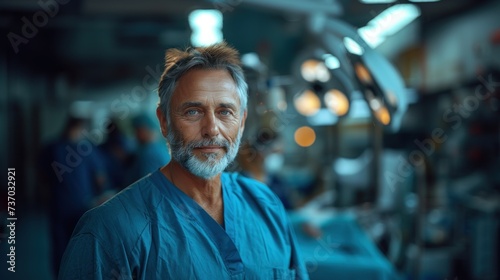 Focused Surgeon in a Blue Scrub Cap in the Operating Room
