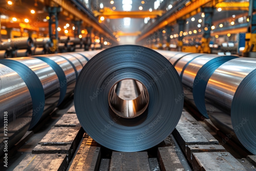 Gleaming Steel Coils Poised for Industrial Mastery in a Modern Manufacturing Plant.