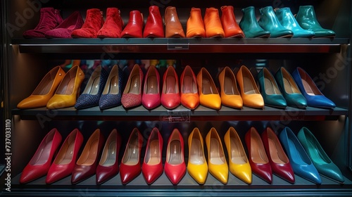 Colorful High Heel Pumps on Shelf in Boutique Store