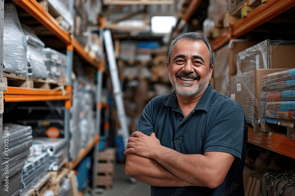 Smiling middle-aged Middle Eastern man in a hardware warehouse with arms folded, standing next to a shelf containing hardware supplies Smiling middle-aged Middle Eastern man in a hardware warehouse with arms folded, standing next to a shelf containing hardware supplies